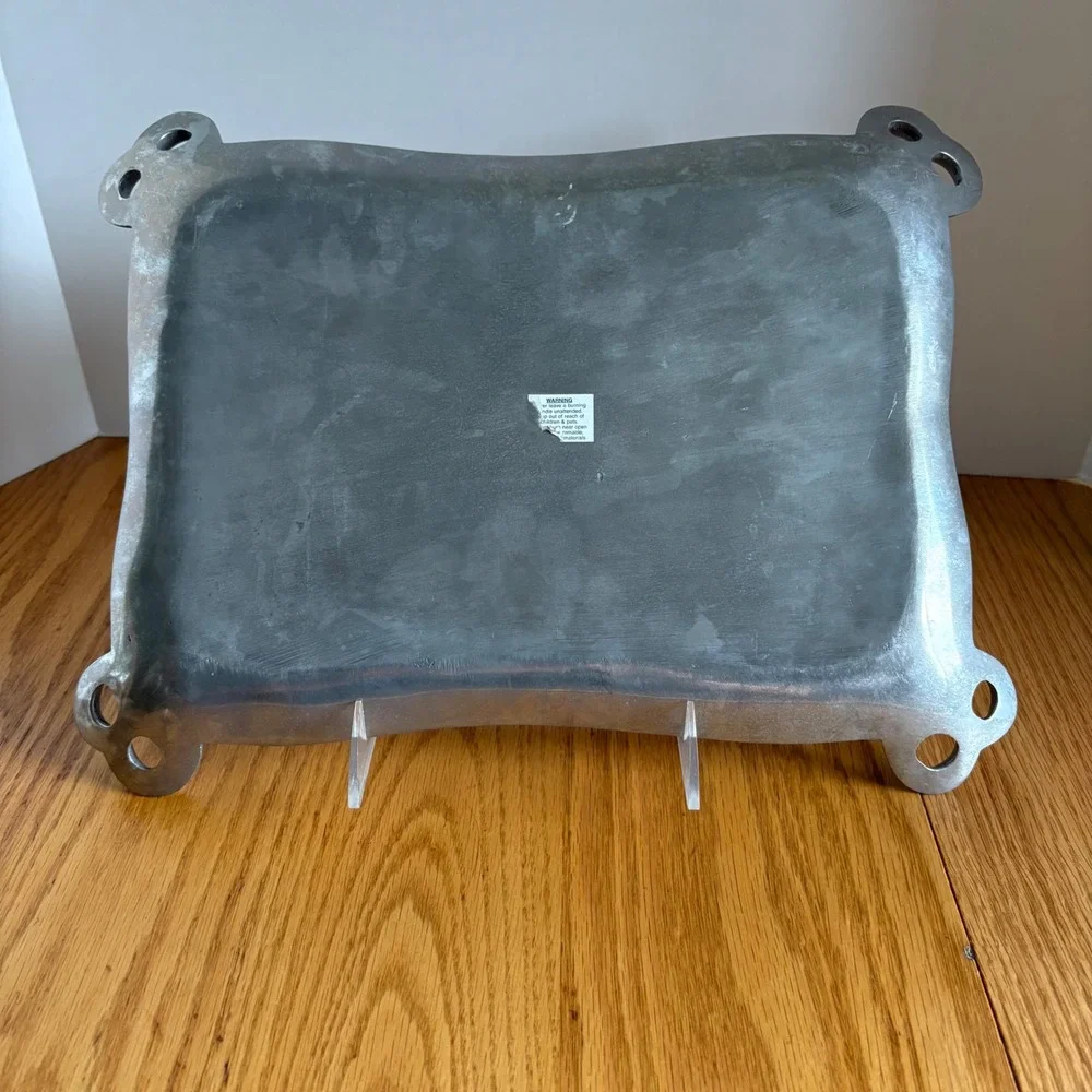 Vintage Cast‎ Metal Rectangular Tray Scalloped Edge Double Hole Handles Silver